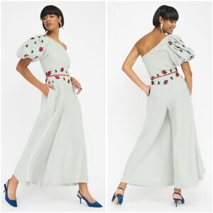 Fanm Mon Datcha Mint Green Floral One Shoulder Jumpsuit Medium Cotton Wide leg